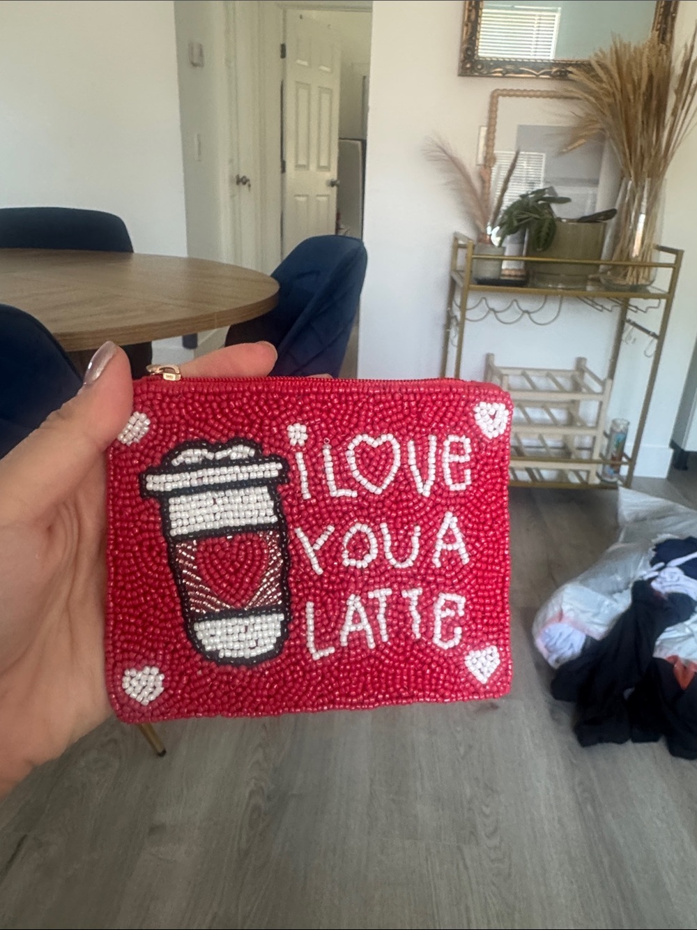 Beaded 'I Love You A Latte' Red Zip Pouch